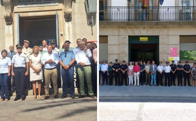 Imágenes del minuto de silencio en la delegación de Badajoz y subdelegación de Cáceres.