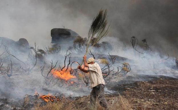 Un hombre trata de sofocar las llamas del incendio desatado en la población de Almeidinha, cerca de la frontera con la provincia española de Salamanca. /Efe