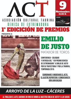 La Asociación Cultural Taurina 'Dehesa de Extremadura' premia a Emilio de Justo por su trayectoria