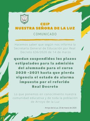 Aplazado el plazo de escolarización hasta el final del estado de alarma