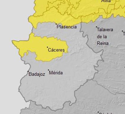 La Aemet amplía a la meseta cacereña la alerta amarilla por lluvias y tormentas