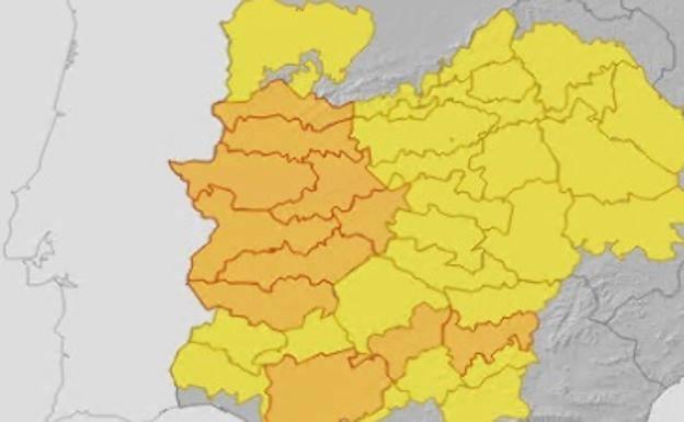 La alerta naranja llega este domingo a Tajo y Alagón y Vegas del Guadiana y el lunes se extiende a toda la región