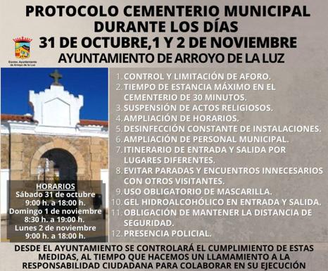 Horarios y protocolo del cementerio municipal de Arroyo de la Luz para los días 31 de octubre, 1 y 2 de noviembre
