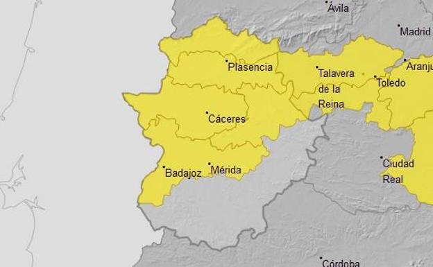La provincia de Cáceres y las Vegas del Guadiana estarán en riesgo por lluvias y tormentas este sábado