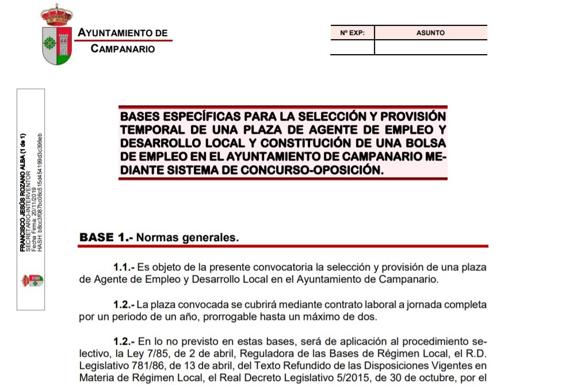 El Ayuntamiento de Campanario oferta una plaza de Agente de Empleo y Desarrollo Local