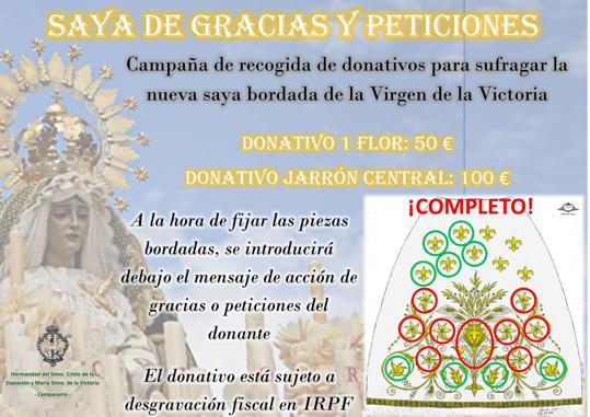La Hermandad de la Victoria busca donantes para sufragar la nueva saya de la Virgen
