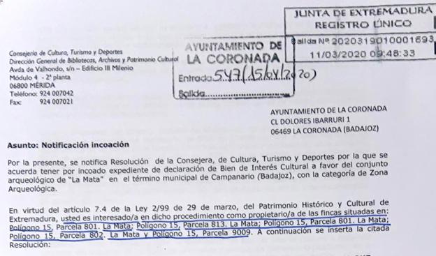La Coronada recuerda que el yacimiento arqueológico de La Mata se encuentra en terreno de su propiedad