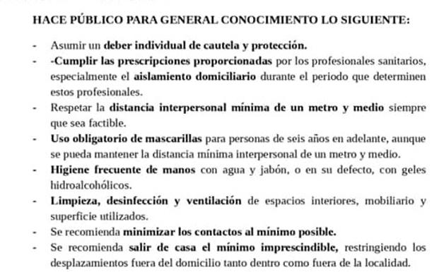 El Alcalde emite un bando con recomendaciones ante el aumento de casos covid en la localidad