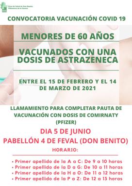 Los menores de 60 vacunados con AstraZeneca se pondrán la segunda dosis el día 5 en Feval