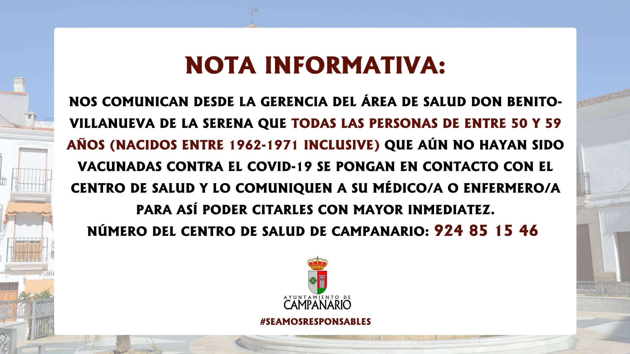 Los vecinos de entre 50 y 59 años no vacunados contra el Covid deben contactar con el Centro de Salud