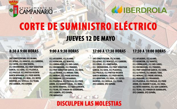 El 12 de mayo habrá varios cortes de luz a lo largo de todo el día