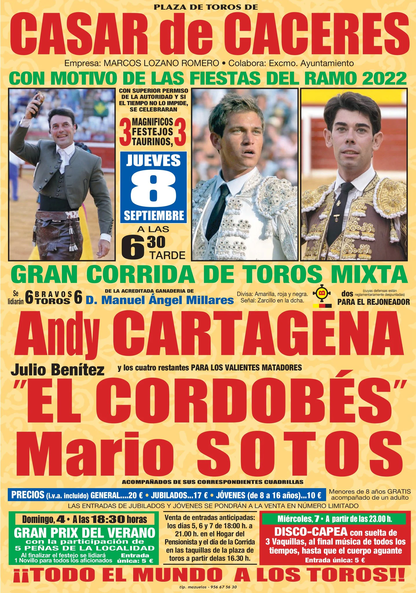 Andy Cartagena, Julio Benítez 'El Cordobés' y Mario Sotos participarán en la corrida de toros mixta del Día de Extremadura