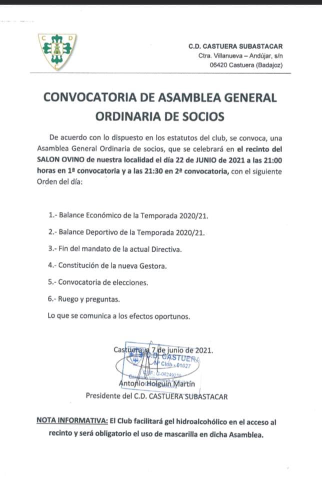 El CD Castuera celebra su Asamblea General de Socios el martes 22 de junio en el Salón Ovino