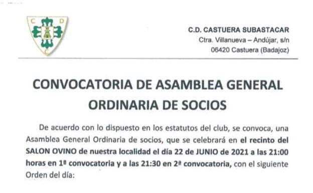 El CD Castuera celebra su Asamblea General de Socios el martes 22 de junio en el Salón Ovino