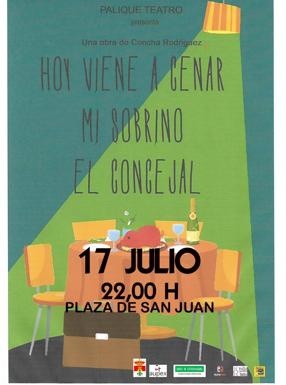 La compañía Palique Teatro pone en escena este sábado 17 de julio la comedia 'Hoy viene a cenar mi sobrino el concejal'