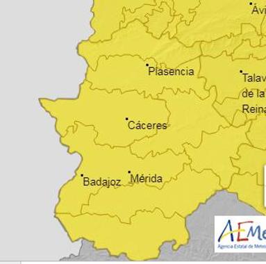 Alerta amarilla en toda Extremadura por tormentas con ocasionales granizadas y rachas de vientos fuertes