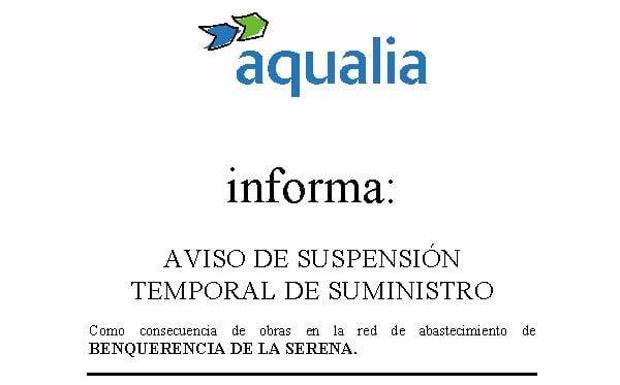 Aqualia anuncia un corte temporal de suministro de agua en Benquerencia de La Serena