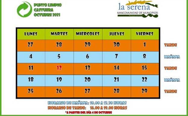Publicados los horarios del punto limpio durante el mes de octubre