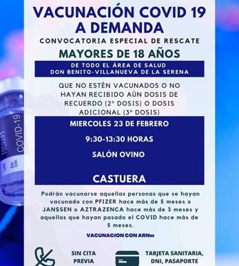 Nueva convocatoria de vacunación de rescate para mayores de 18 años en el área de Salud Don Benito-Villanueva