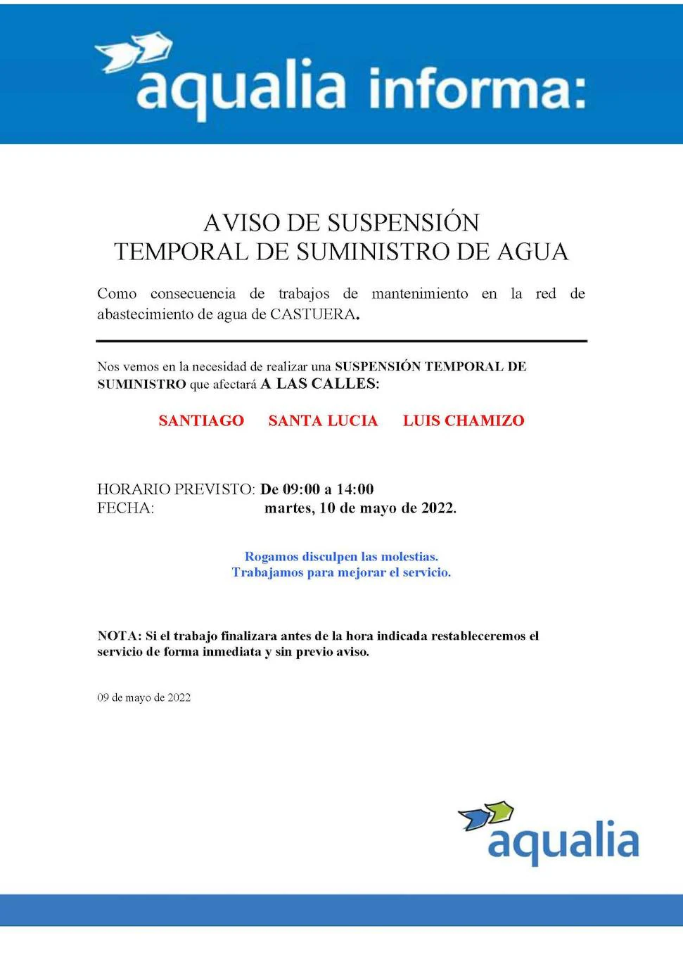 Aqualia anuncia un corte temporal de suministro de agua en las calles Luis Chamizo, Santa Lucía y Santiago de Castuera
