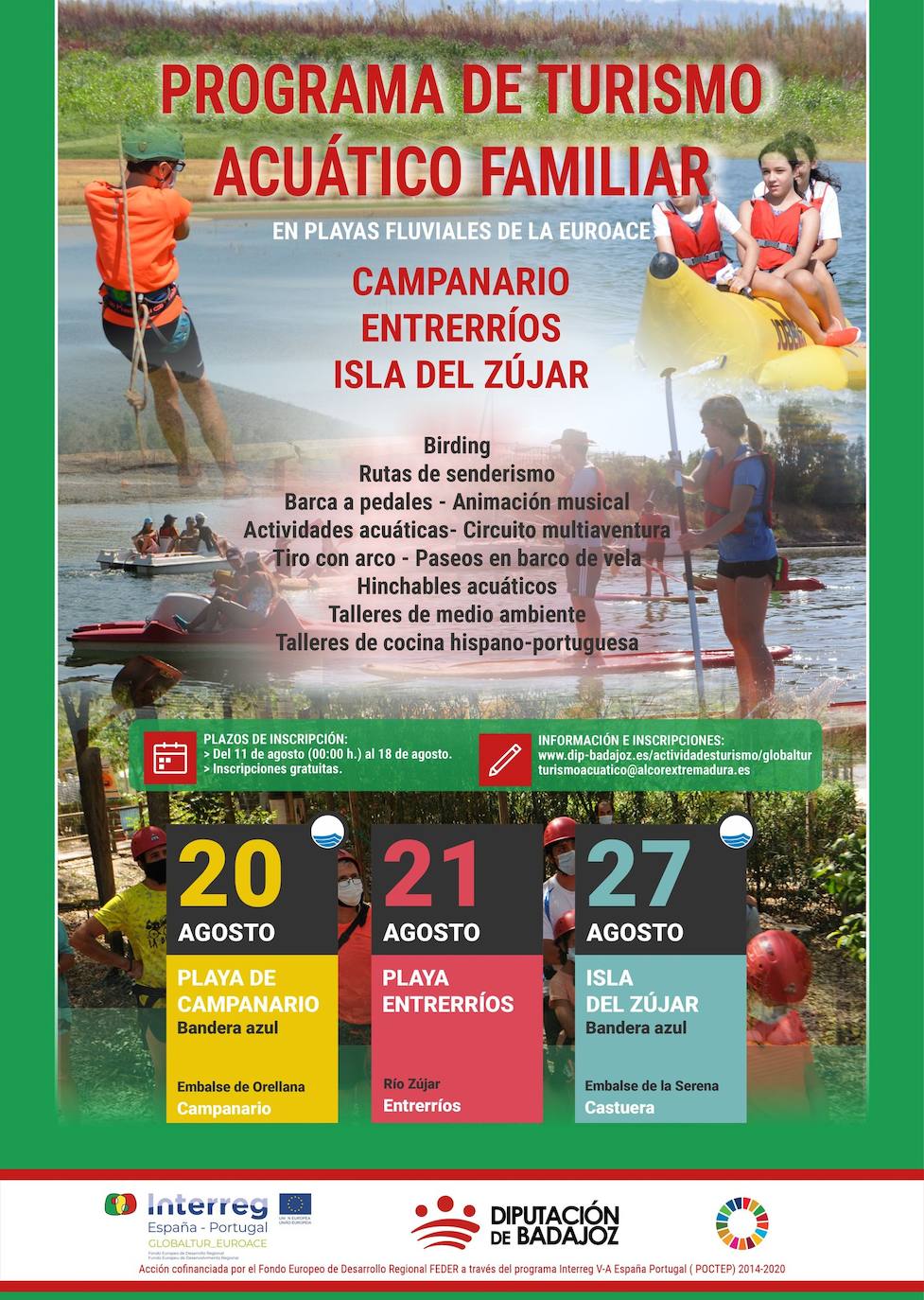 El programa de actividades de Turismo Acuático Familiar 2022 de la Diputación de Badajoz llegará a la Isla del Zújar el sábado 27 de agosto