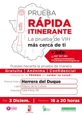 El martes 3 de diciembre el Servicio Itinerante de la Prueba Rápida del VIH visita Herrera del Duque