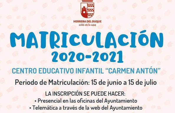 El lunes 15 de junio se abre el periodo de matriculacion del Centro de Educación Infantil