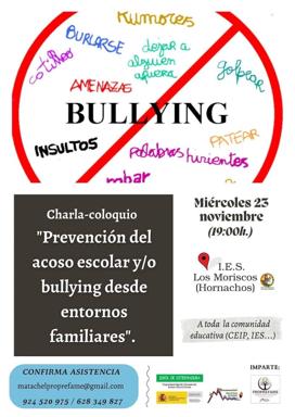 El IES «Los Moriscos» llevará cabo una charla sobre «Prevención del acoso escolar y bullying desde entornos familiares»