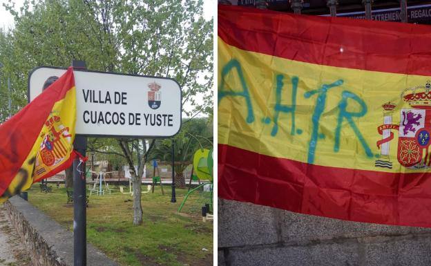 Cuacos de Yuste amanece con banderas nacionales y leyendas de 'Viva España'