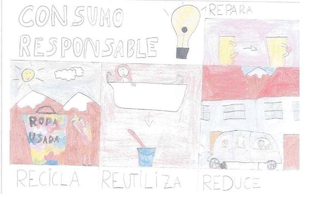 Seis dibujos de niños extremeños, dos de Valle de Santa Ana, para concienciar del consumo responsable