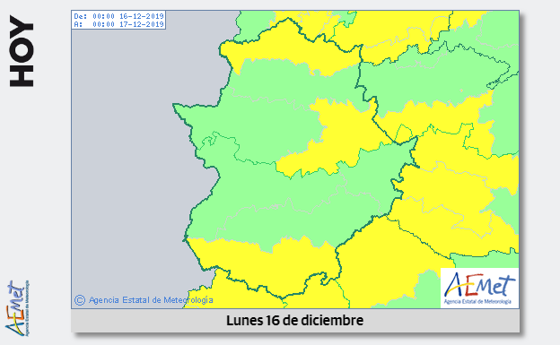 Aviso amarillo por viento y lluvia para el lunes en Extremadura