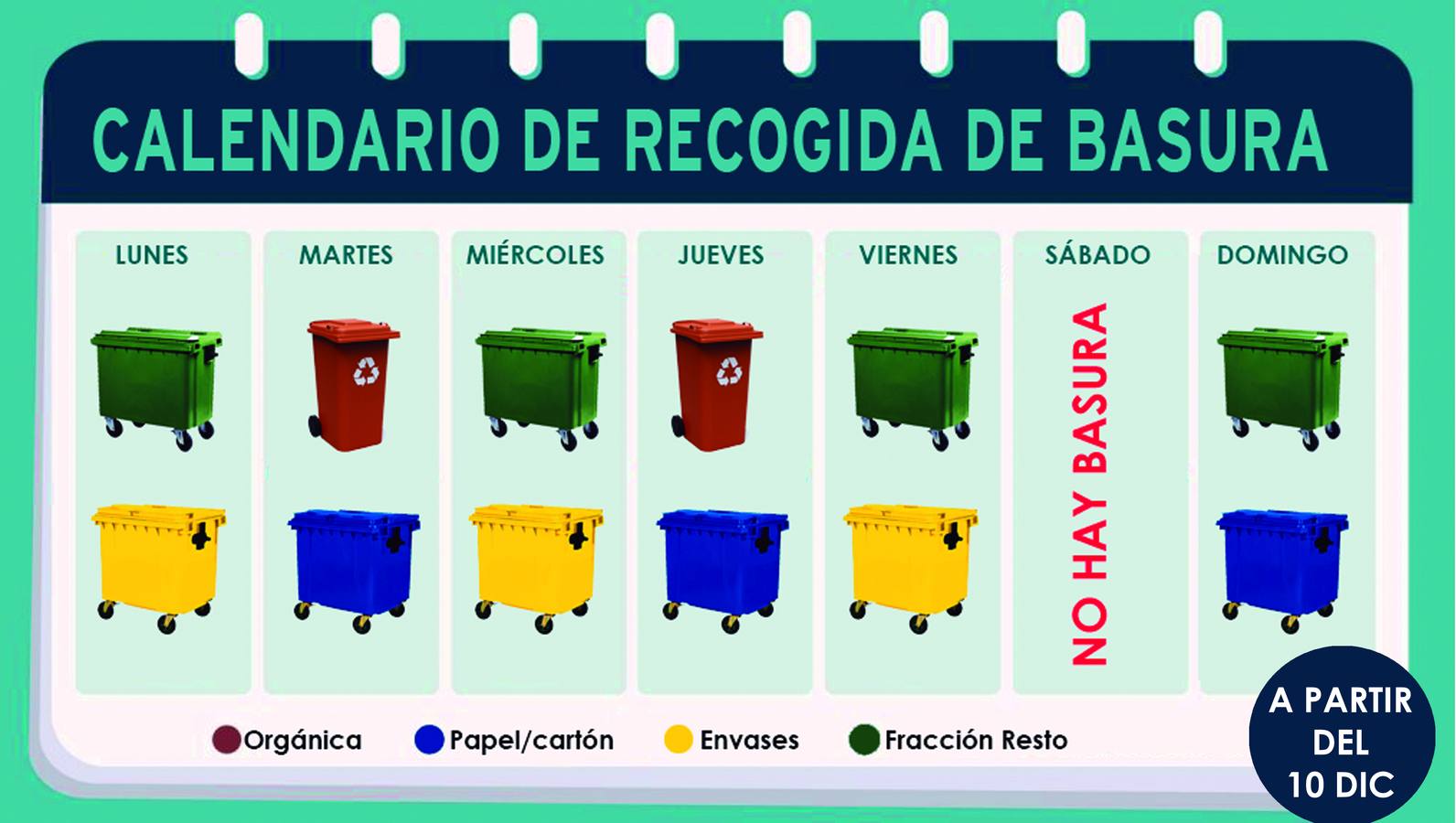 Entra en vigor el nuevo calendario de recogida de basura