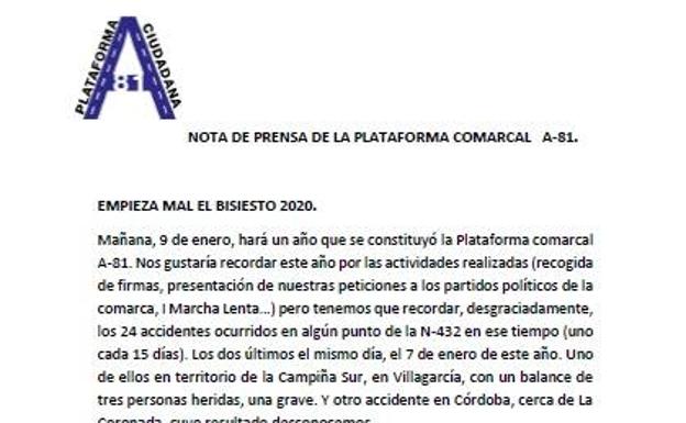 La Plataforma Comarcal por la A81 recuerda los 24 accidentes de la N432 en el último año