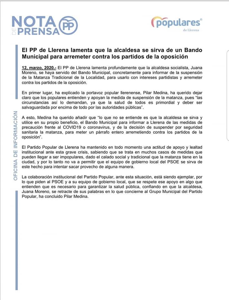 El PP «lamenta que la alcaldesa se haya servido del Bando Municipal para informar de la Matanza»