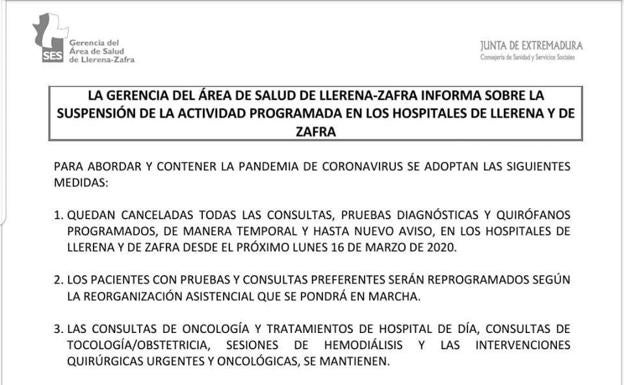 Suspensión de actividad programada en los hospitales de Llerena y Zafra