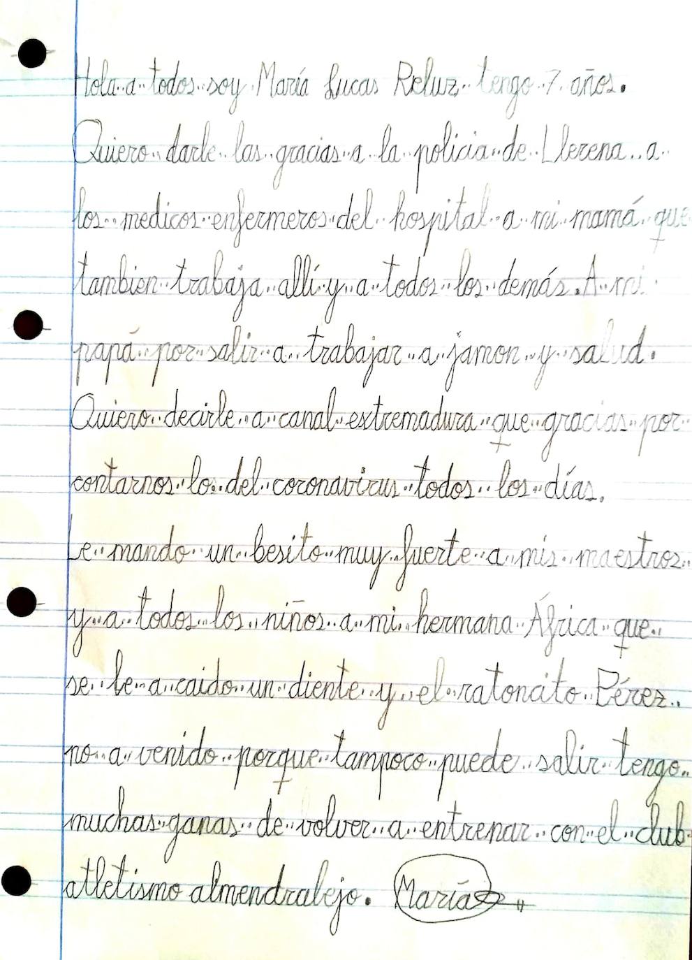 Una llerenense escribe una carta dando las gracias a los trabajadores durante estos días