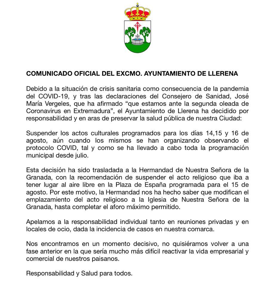 Se suspenden las actividades culturales para el 14, 15 y 16 de agosto