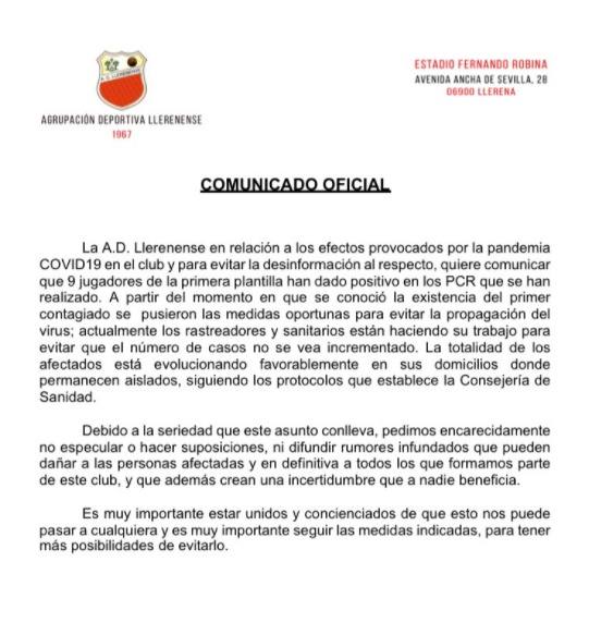 El Llerenense confirma 9 jugadores contagiados por COVID-19