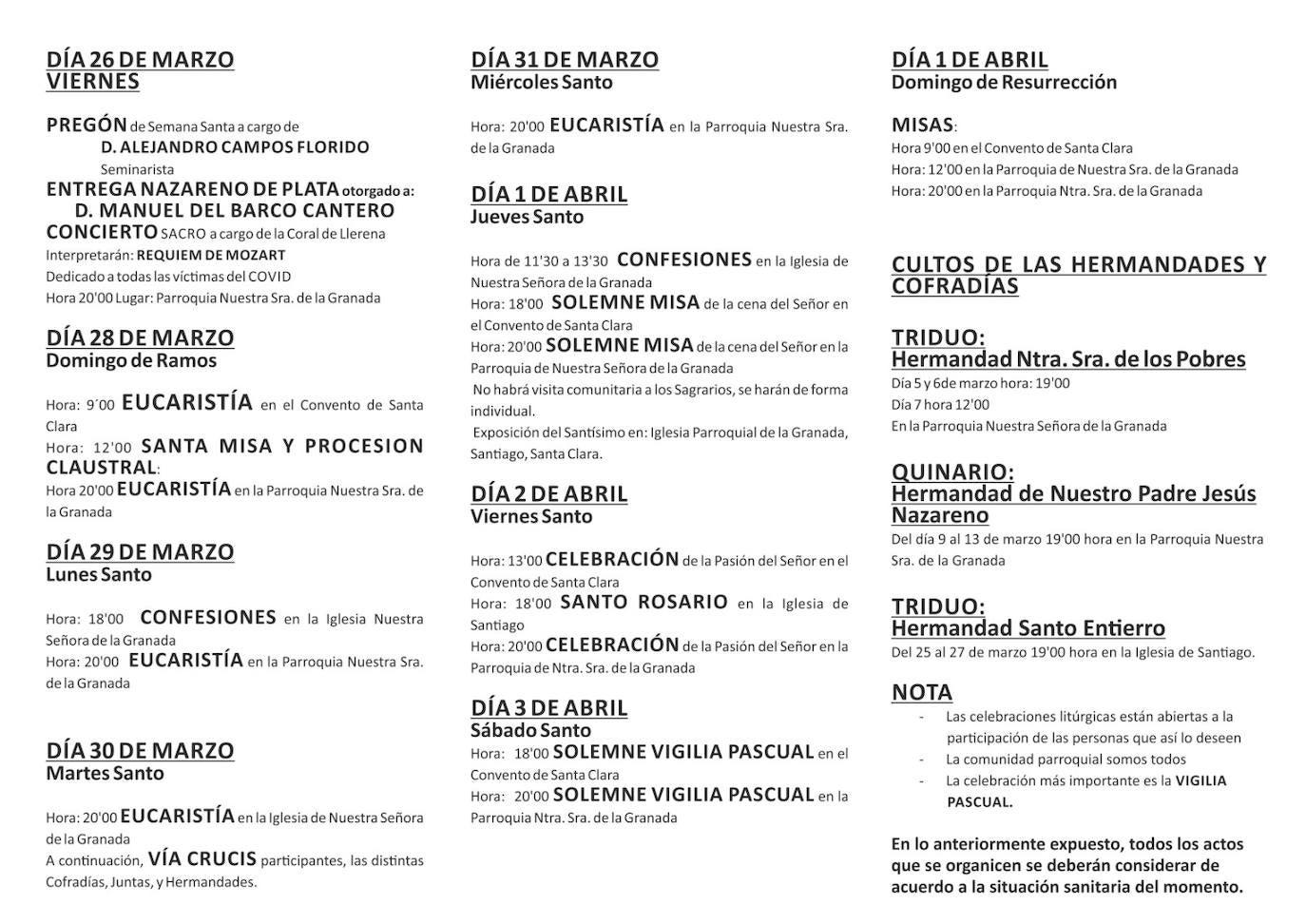 Programación de horarios y cultos de Semana Santa en Llerena