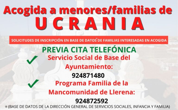 Ya puede solicitarse la inscripción en la base de datos para la acogida temporal de personas ucranianas en Llerena