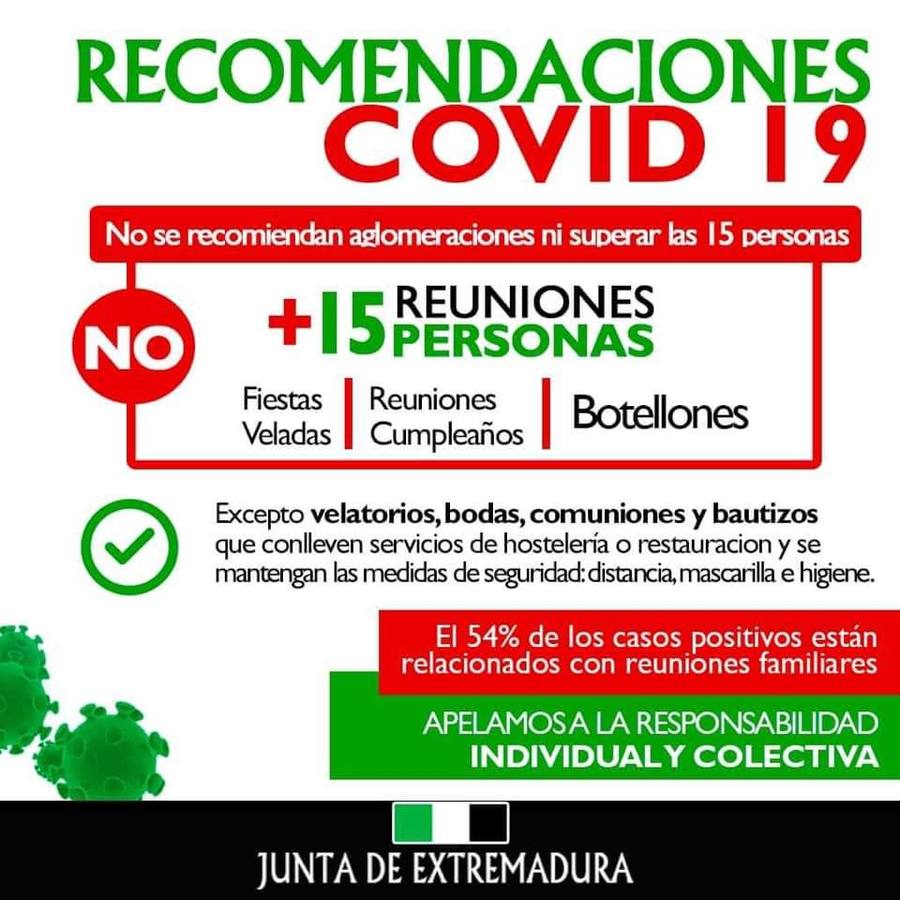 La Junta sigue recomendando que no se celebren reuniones de más de 15 personas para evitar contagios por Coronavirus