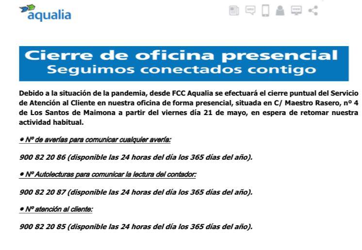 Aqualia cierra sus oficinas de atención al cliente, mientras persista la situación de COVID en Los Santos