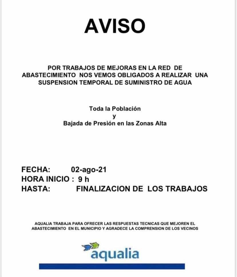 Aqualia anuncia para este lunes 2 de agosto, un corte general de agua que afectará a toda la población