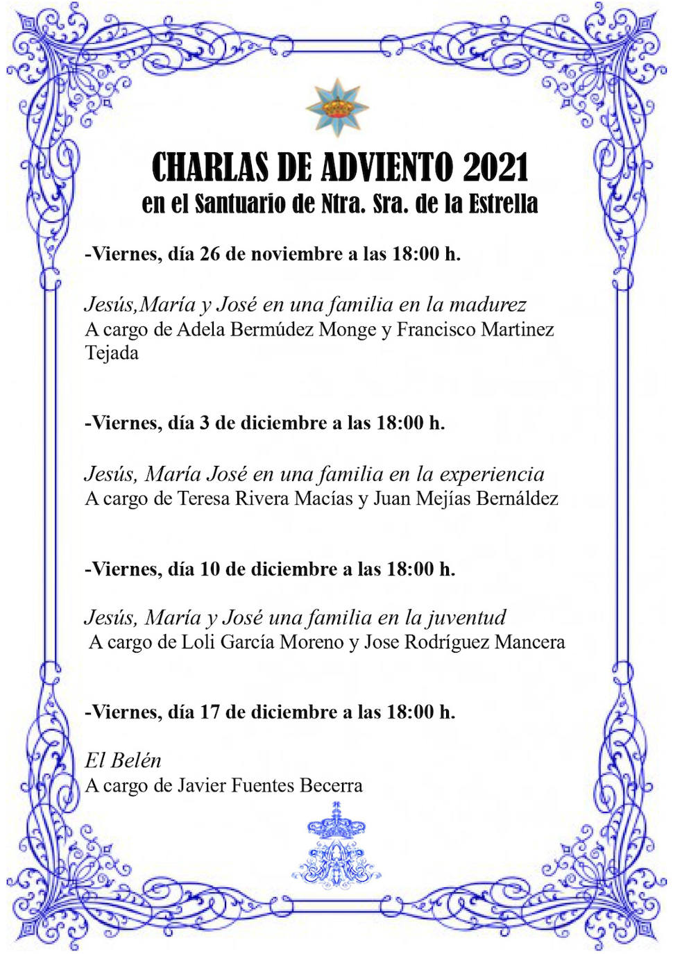 La cofradía de la Virgen de la Estrella ha convocado las Charlas de Adviento 2021