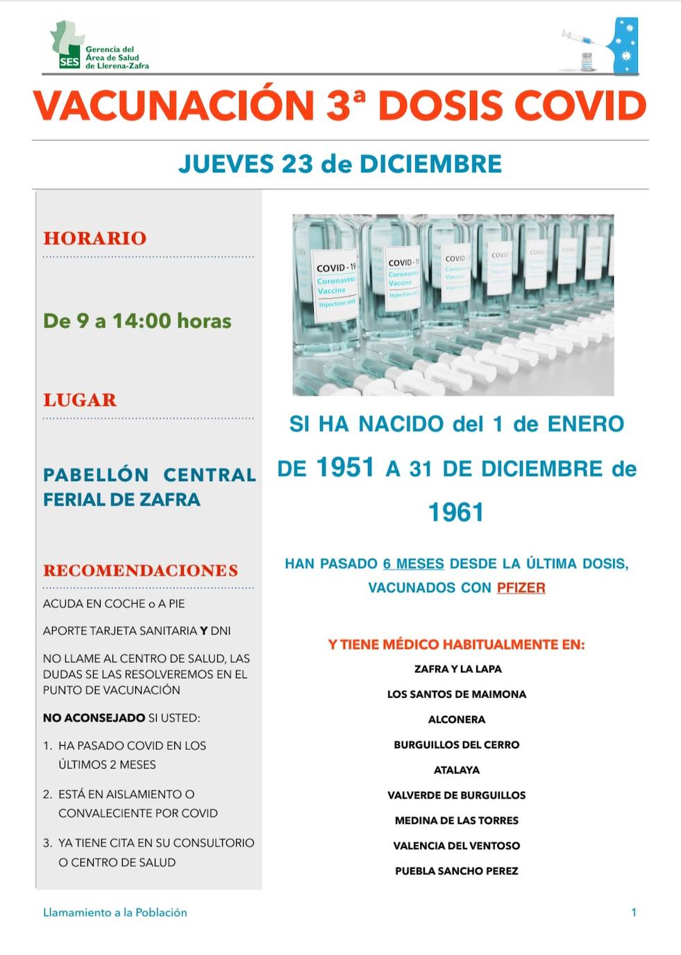 Vacunación de la tercera dosis de PZIFER este jueves 23 para los nacidos entre los años 1951 y 1961