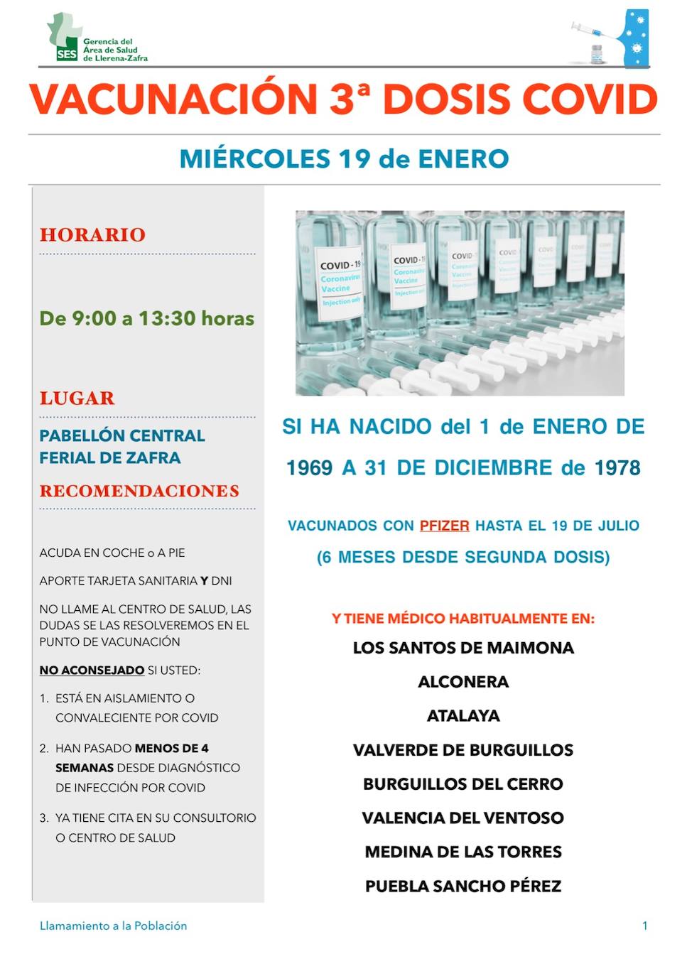 Vacunación masiva para la tercera dosis de Pfizer el próximo miércoles 19 en el recinto ferial de zafra para los nacidos entre los años 1969 y 1978