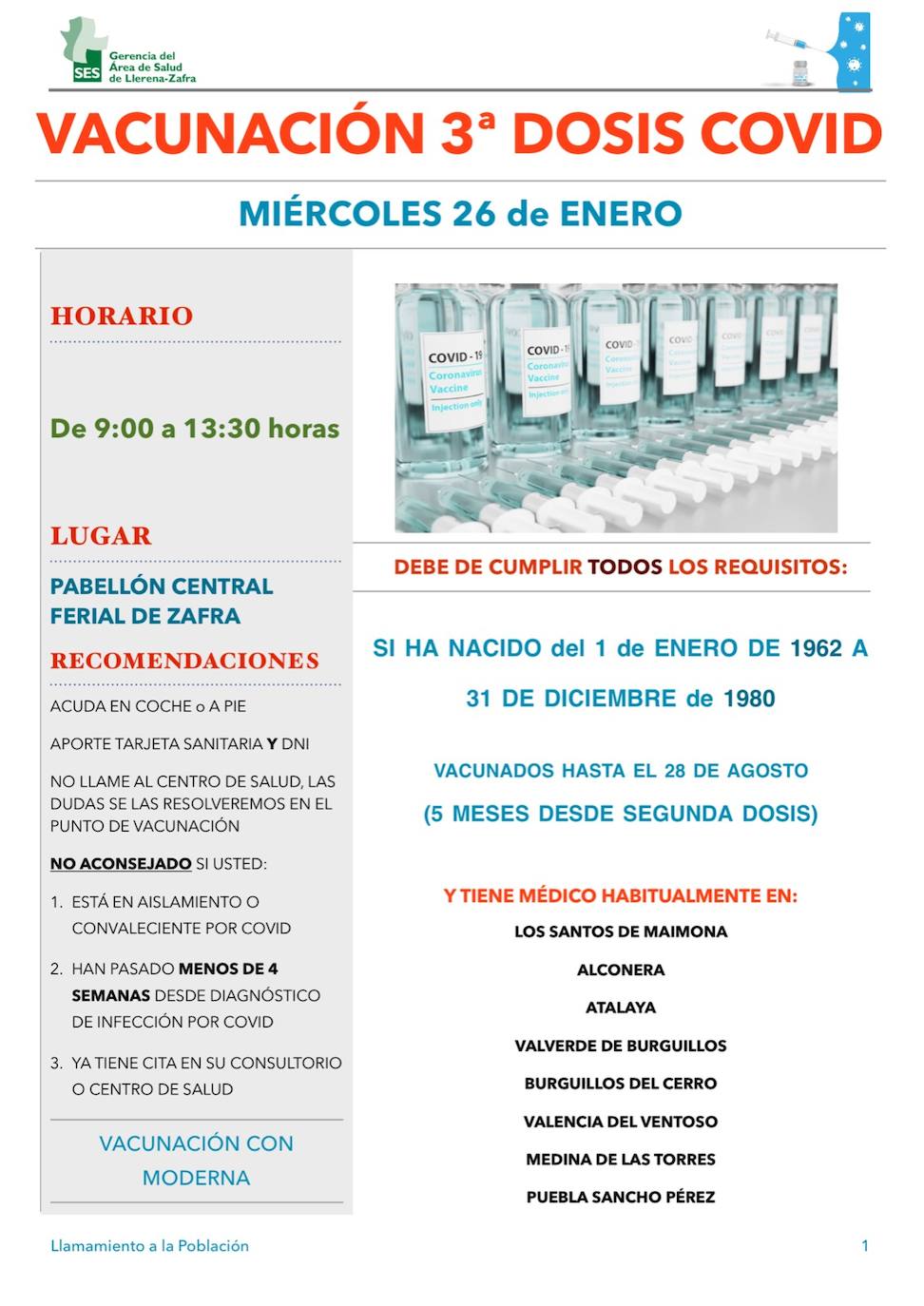 Nueva vacunación para vecinos nacidos entre 1962 y 1980 vacunados hasta el 28 de agosto de 2021