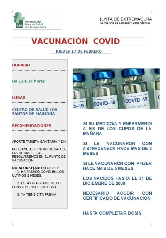 Vacunación en el Centro de Salud el jueves 17 para los nacidos hasta 2000, vacunados con Astrazeneca y Pfizer
