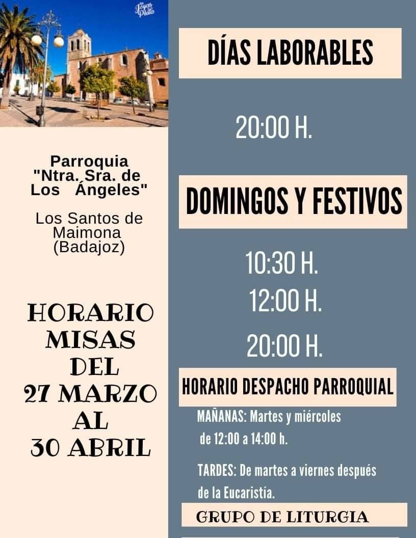 La misa de la tarde en la Parroquia se retrasa a las 8, desde el próximo domingo, hasta el 30 de abril