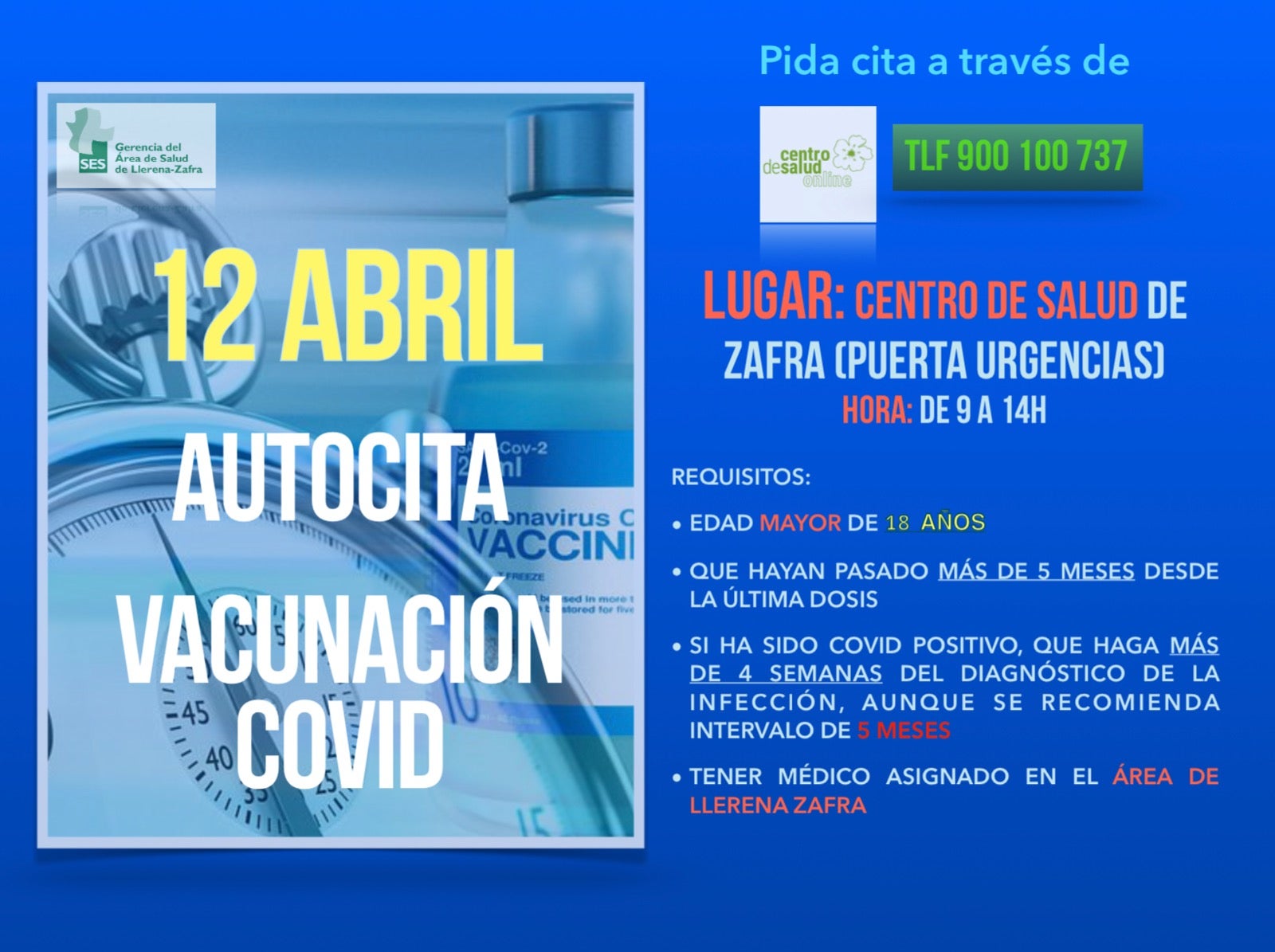 Autocita para la vacunación Covid en el Centro de Salud de Zafra el 12 de abril